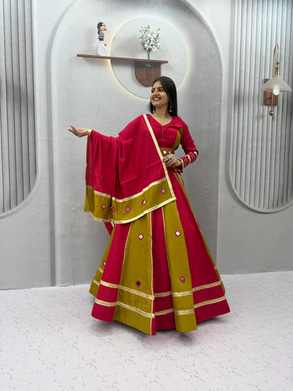 RangBhoomi Navratri Mirror-Work Roman Silk Lehenga Choli - 6+ Meter Flair