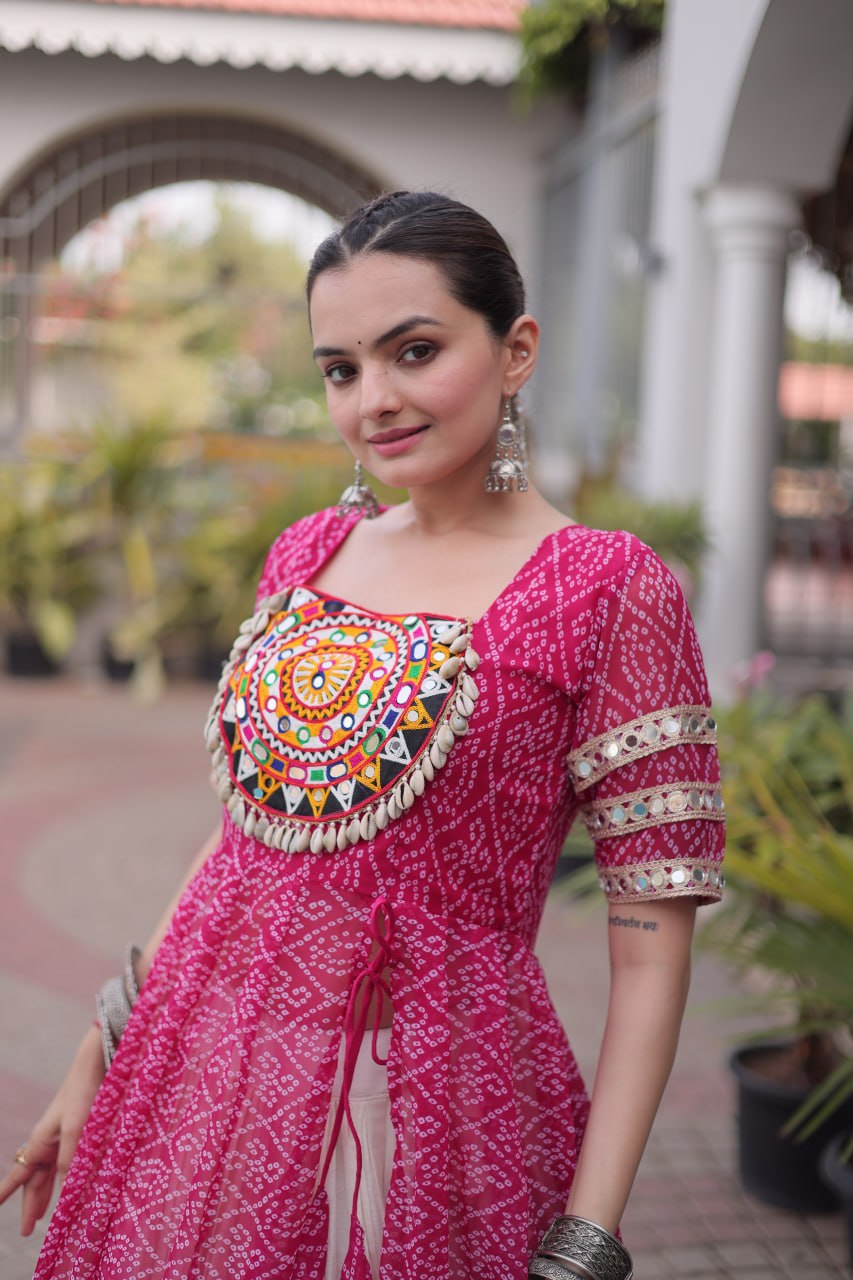 RangBhoomi Navratri 2026 Bandhani Lehenga Set — Full-Stitched Kora Cotton Lehenga with Faux Georgette Kurti