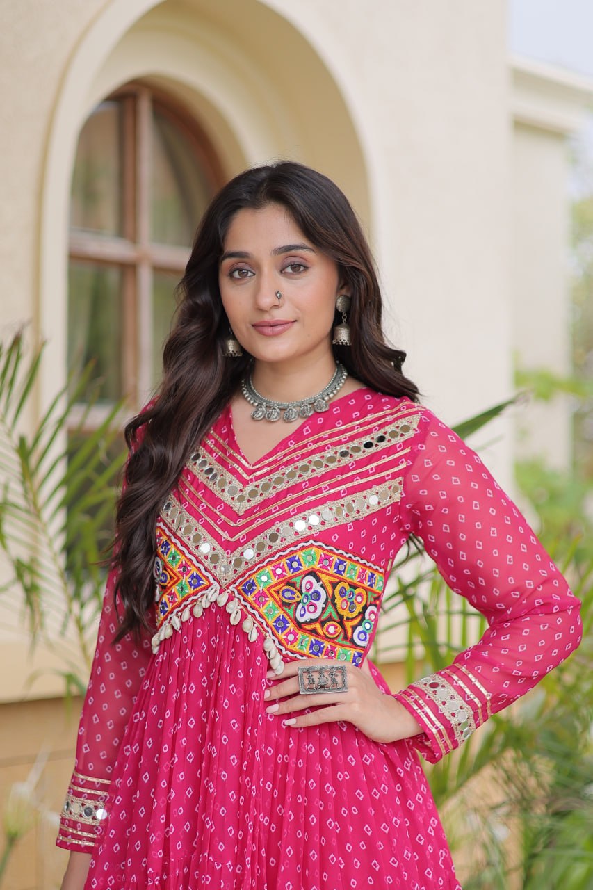 RangBhoomi Bandhani & Kutchi Patchwork Faux Georgette Gown — Navratri Special