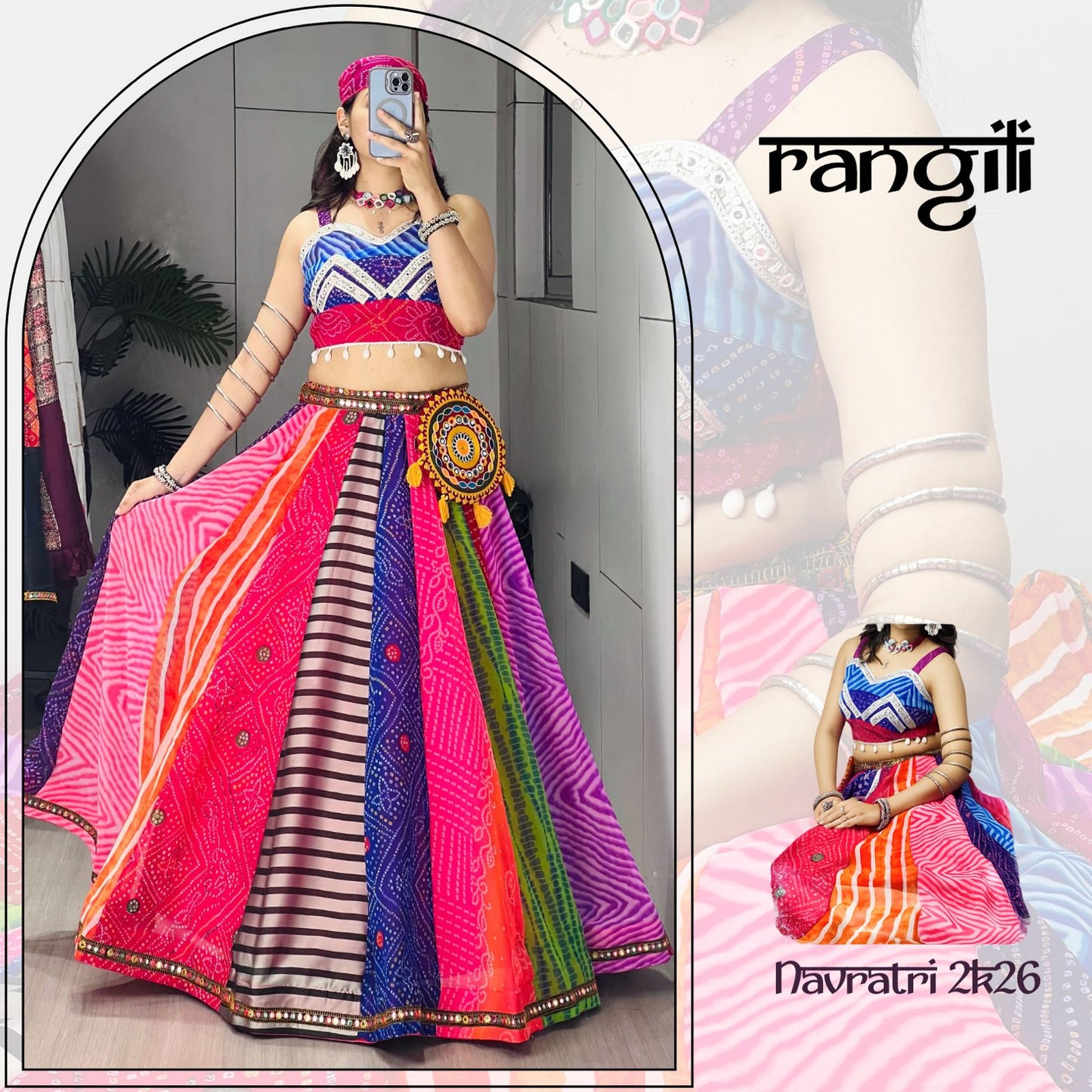 RangBhoomi Multicolor Bandhani-Inspired Chaniya Choli Set — Navratri Ready (Lehenga, Blouse, Scarf & Batwa)