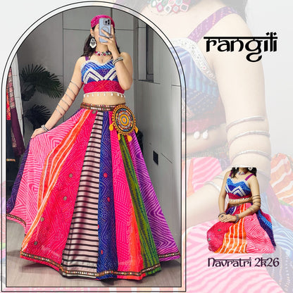 RangBhoomi Multicolor Bandhani-Inspired Chaniya Choli Set — Navratri Ready (Lehenga, Blouse, Scarf & Batwa)