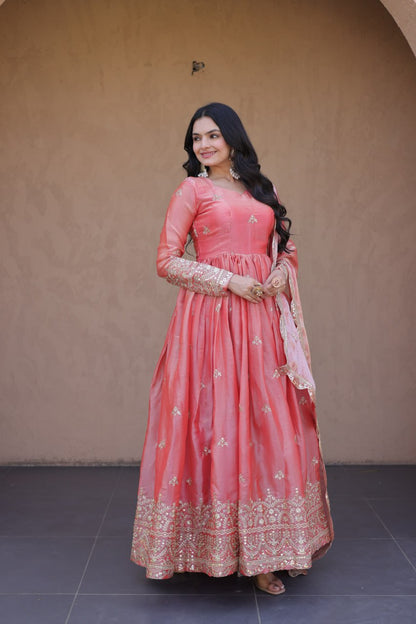 RangBhoomi Fendi Silk Sequined Gown with Dupatta – Elegant Full-Sleeve Designer Set