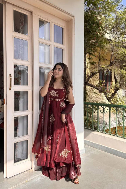 Elegant Party Wear Fendi Satin Gown Set with Dupatta and Pants Featuring 3mm Metallic Sequins and Intricate Zari Embroidery