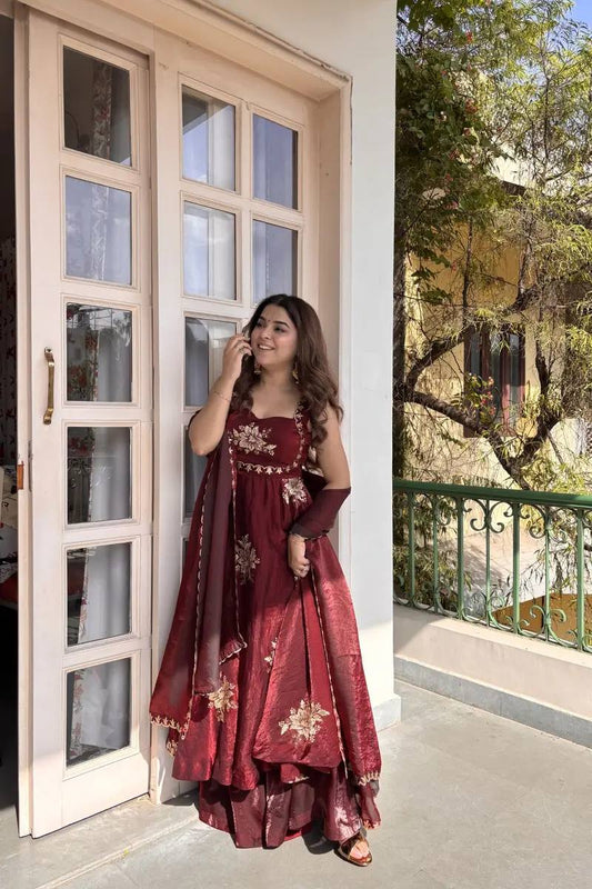 Elegant Party Wear Fendi Satin Gown Set with Dupatta and Pants Featuring 3mm Metallic Sequins and Intricate Zari Embroidery