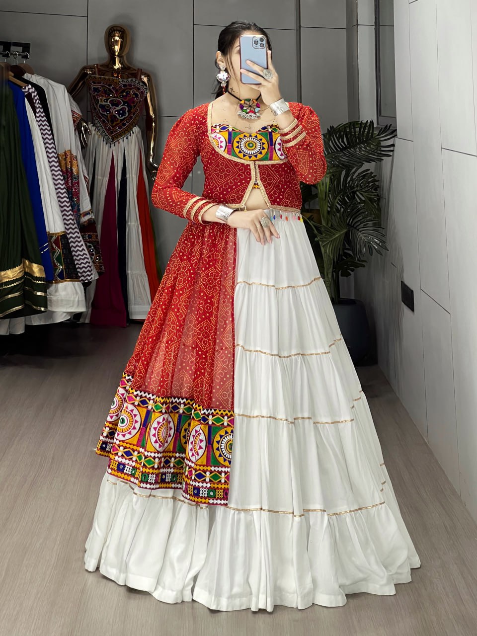 Festive Designer Chaniya Choli Set with Traditional Embroidered Koti and Mirror-Work Blouse for Weddings and Special Events