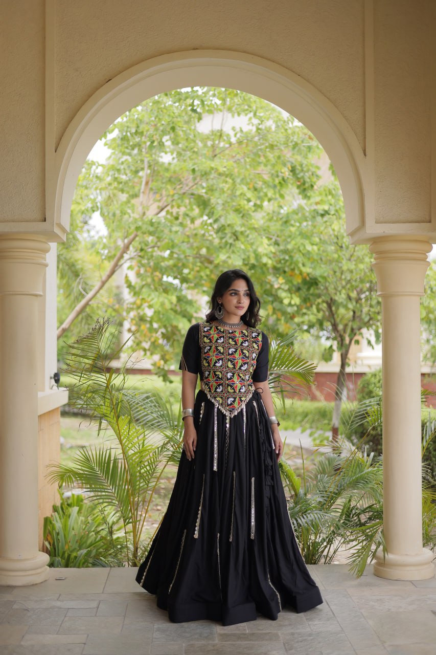 RangBhoomi Navratri Reflective Rayon Lehenga Set with Mirror & Gota Lace (Black, Maroon, White)