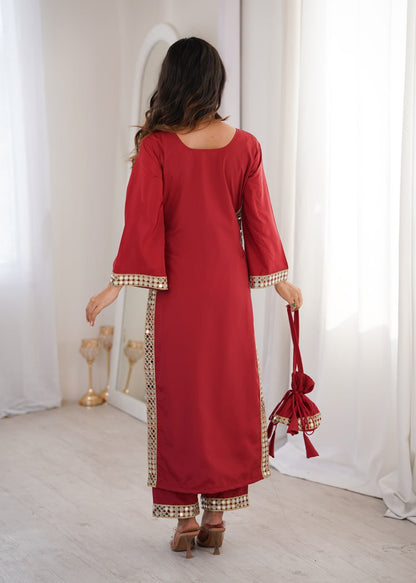 Ready-to-Wear Kurti and Pants Set with Decorative Mirror Work Purse