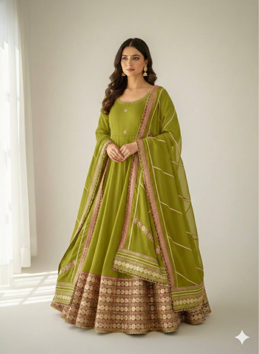 RangBhoomi Premium Chinon Silk Anarkali Gown Set with Heavy Embroidery, 3mm Sequin Sleeve Lace, Crepe Pants, and Sequined Lace Dupatta