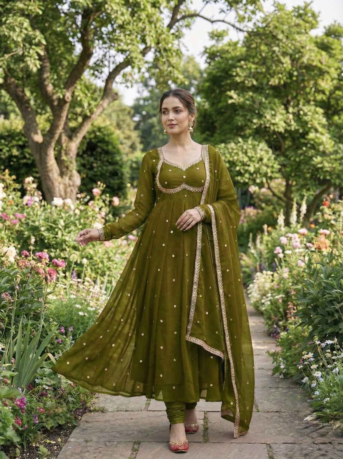 Elegant Party Wear Fendi Satin Gown Set with Dupatta and Pants Featuring 3MM Rembo Sequin and Zari Embroidery