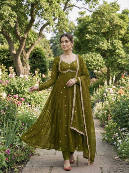 Elegant Party Wear Fendi Satin Gown Set with Dupatta and Pants Featuring 3MM Rembo Sequin and Zari Embroidery