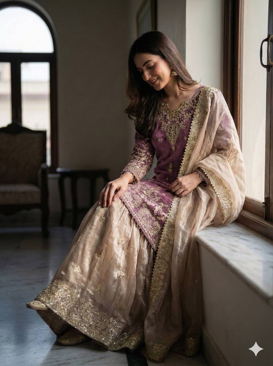 RangBhoomi Exclusive Designer Partywear Set – Pure Heavy GMY Silk with Elaborate Embroidery and Sequins