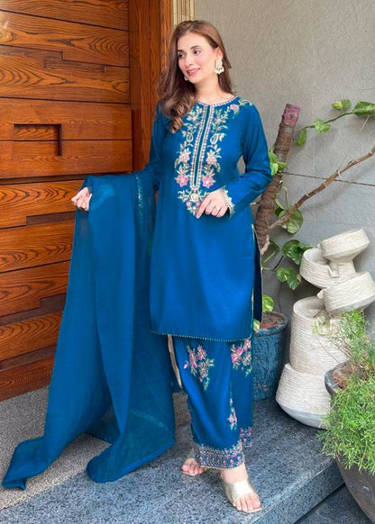 RangBhoomi Women's Premium Ethnic French Crepe Ensemble with Embroidered Thread Work, Full Sleeve Top, Farshi Pant, and GMY Silk Dupatta