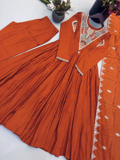 RangBhoomi Elegant Embroidered Sequence with Real Mirror Designer Anarkali Three Piece Set