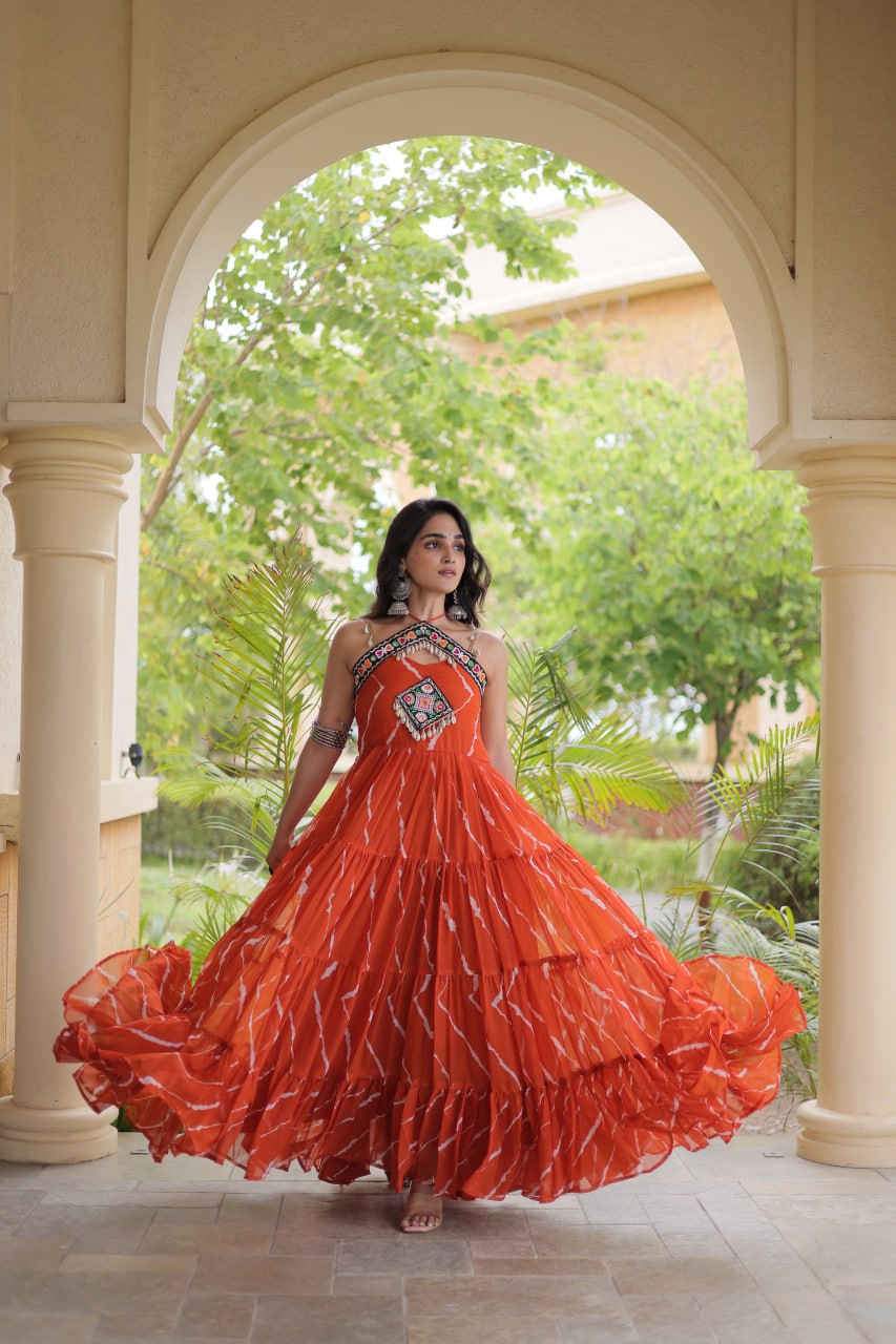 RangBhoomi Navratri Laheriya Patchwork Faux Georgette Gown - Sleeveless 56" Length, L (Adjustable 38-44)