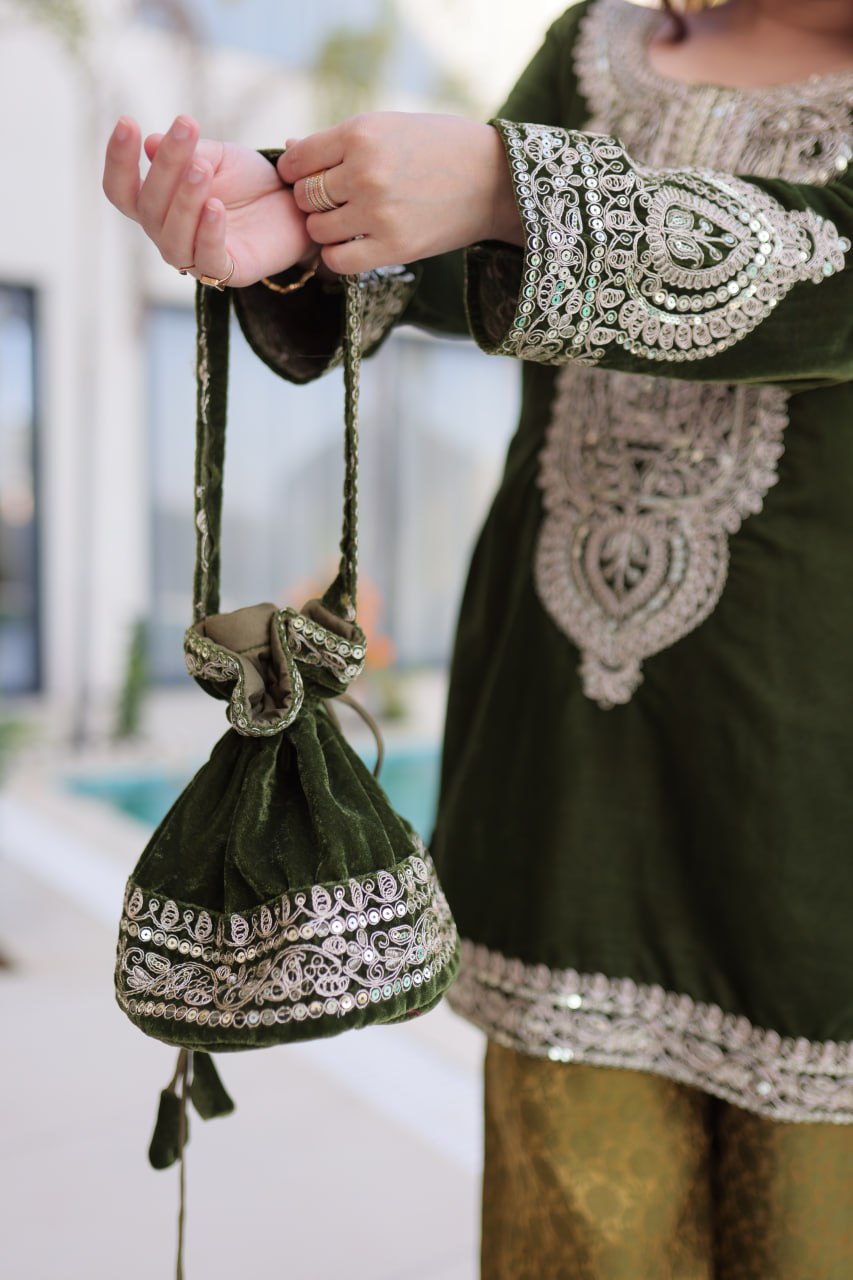 Ready-to-Wear Velvet Top and Pant Set with Embroidered Batwa from RangBhoomi Collection