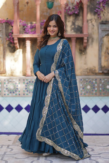 Flared Gown: Embroidered Dupatta - Shop Now!