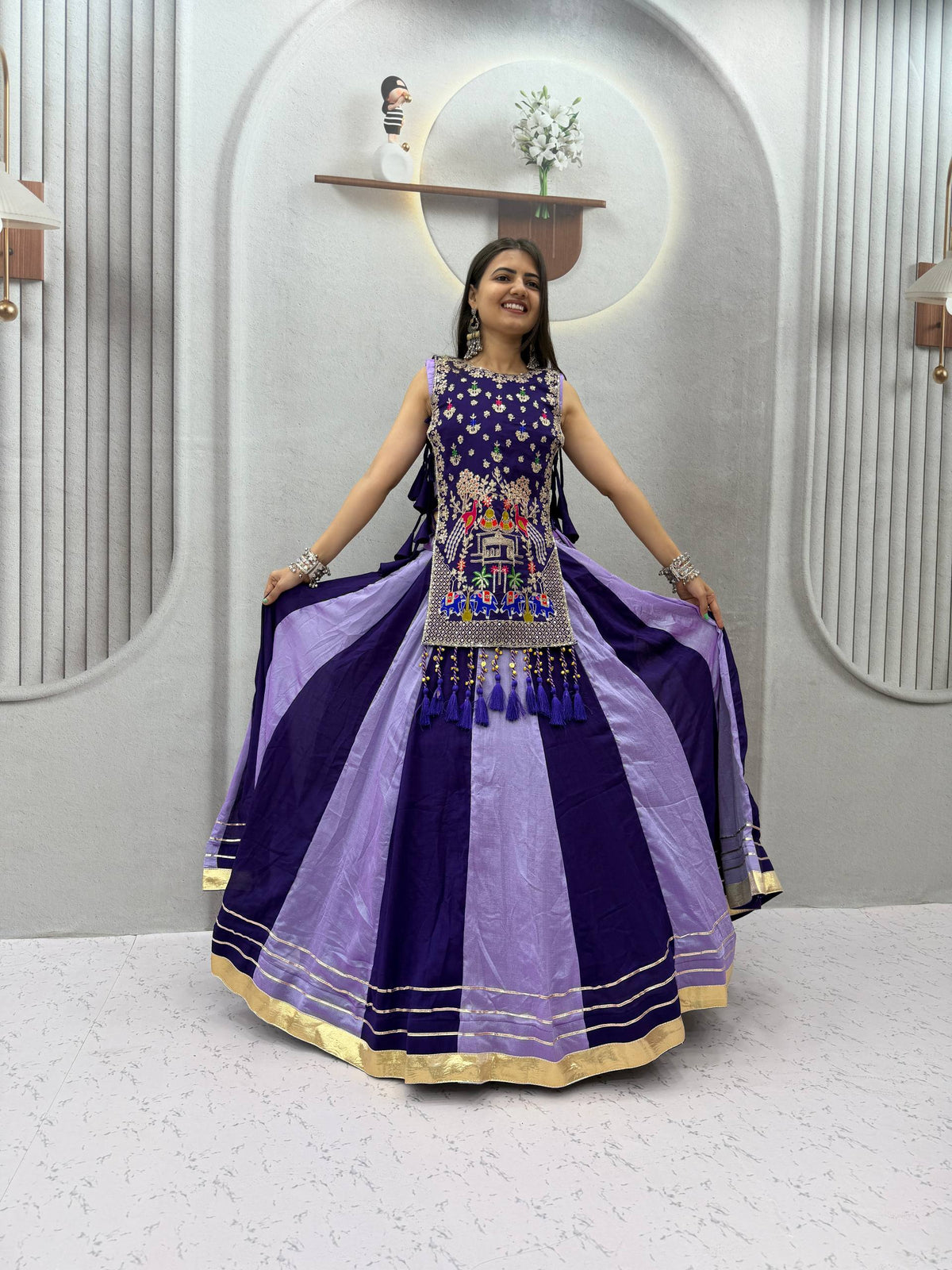 RangBhoomi Navratri Special Vichitra Silk Lengha Choli – Fully Stitched with Heavy Thread & Sequence Work