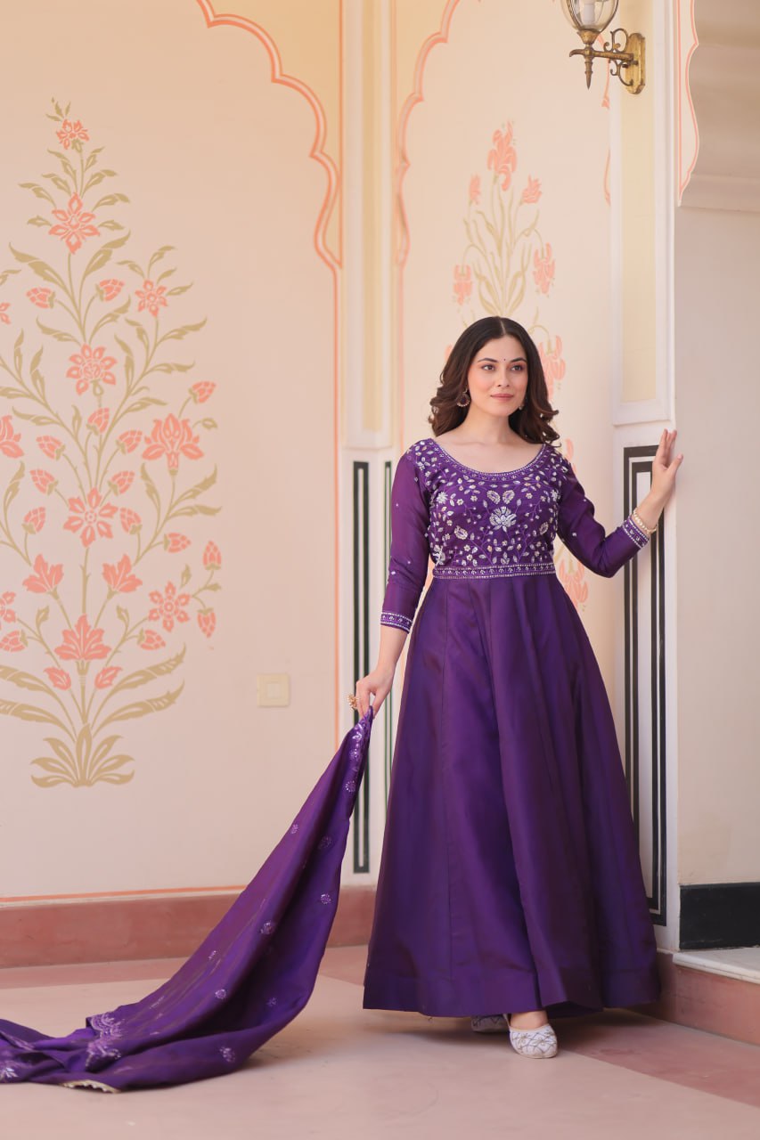 Elegant Gold Crush Embroidered Gown and Designer Dupatta Set