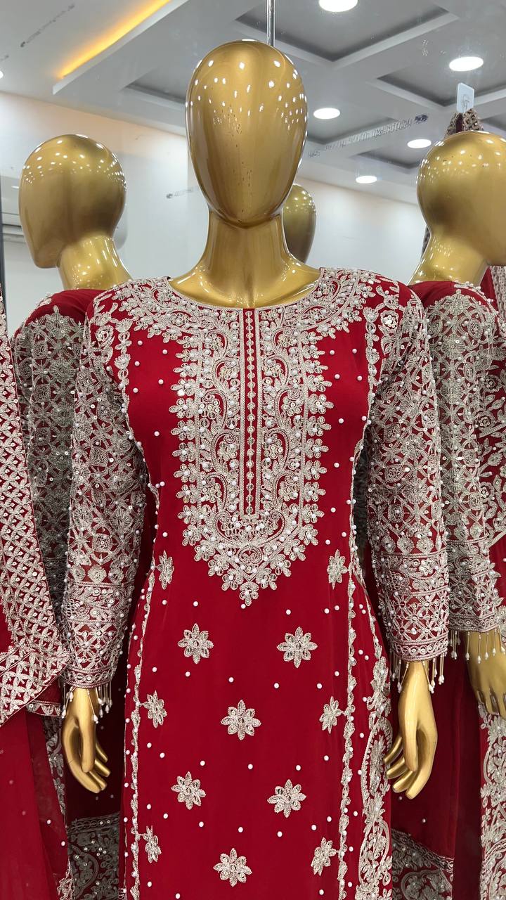 New Collection Faux Georgette Ensemble with Intricate Heavy Embroidery, Sequin Detailing, and Fully Stitched Ready-to-Wear Top, Bottom, and Dupatta Set
