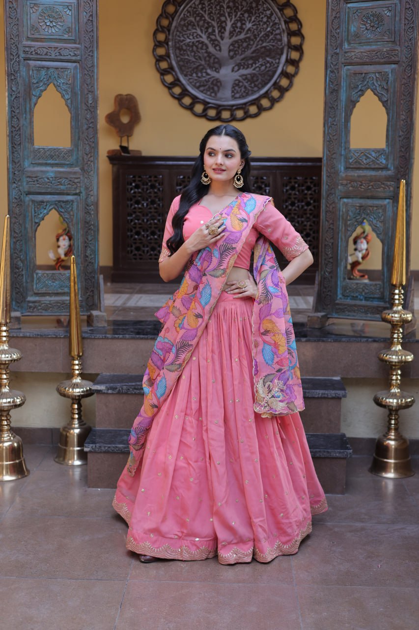 Elegant Lehengha Choli Set with Embroidered Cosmos Silk and Printed Tabby Silk Dupatta