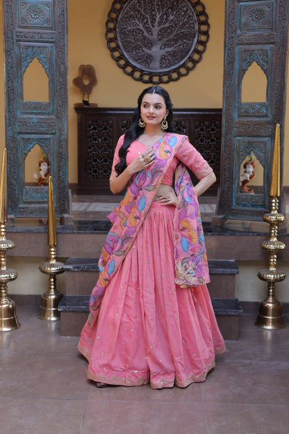 Elegant Lehengha Choli Set with Embroidered Cosmos Silk and Printed Tabby Silk Dupatta