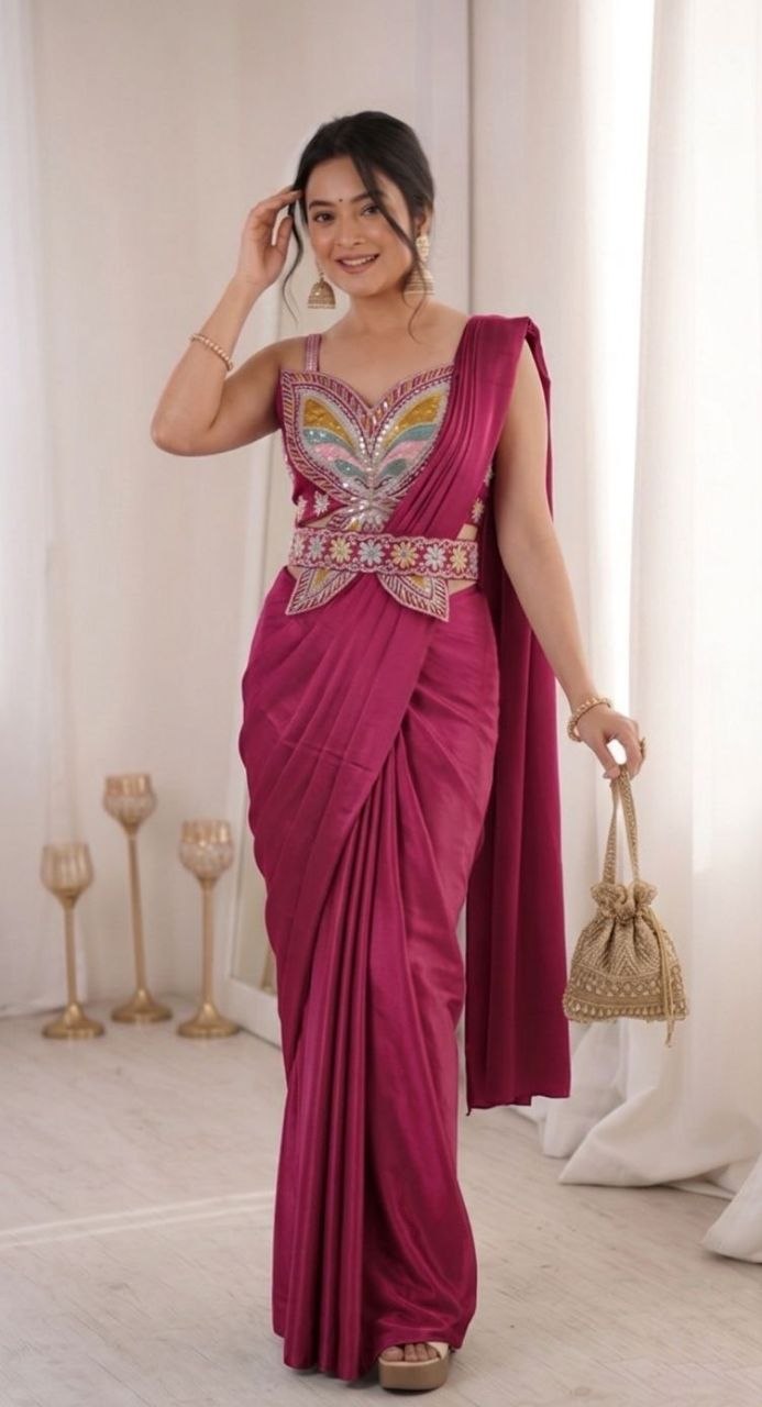 RangBhoomi Ready-to-Wear Saree with Elegant Embroidery and Sequined Blouse – Heavy Crepe Fabric