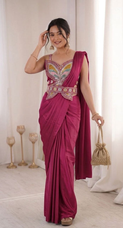 RangBhoomi Ready-to-Wear Saree with Elegant Embroidery and Sequined Blouse – Heavy Crepe Fabric