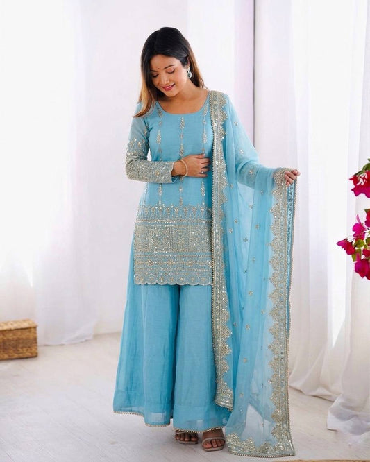 RangBhoomi Heavy Vichitra Silk Embroidered Top, Sharara & Dupatta Set