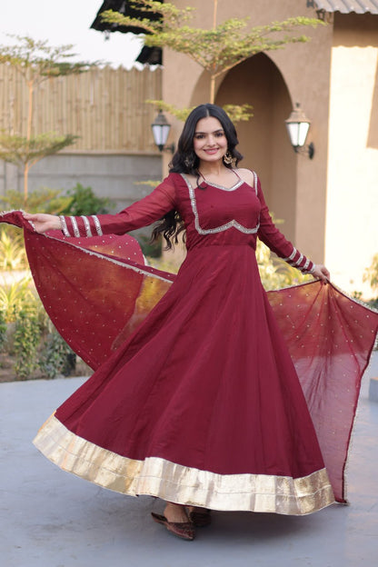 RangBhoomi Silver Mirror Lace Gown with Dupatta - Elegant Occasion Wear