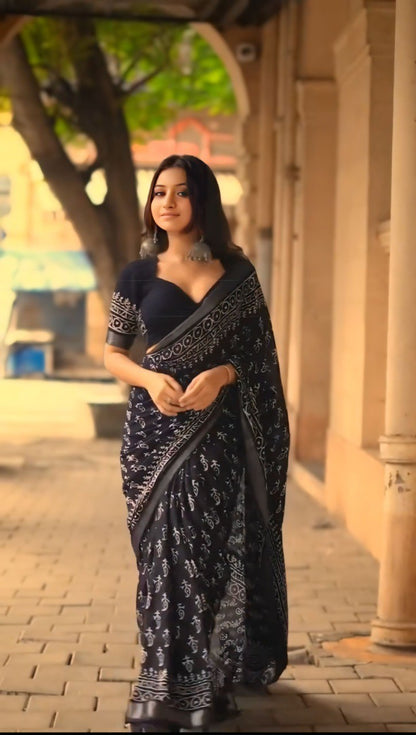 Full view of black and white printed ready to wear cotton saree.