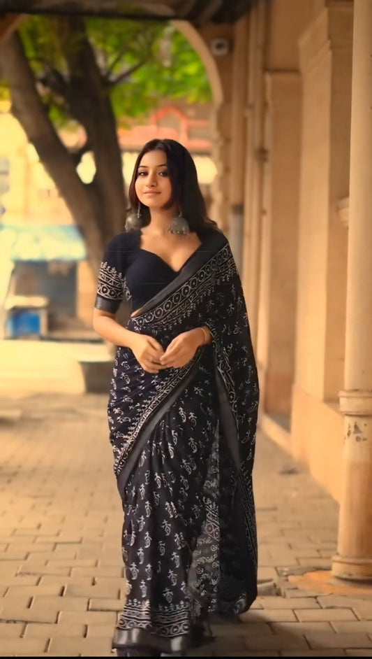 Full view of black and white printed ready to wear cotton saree.