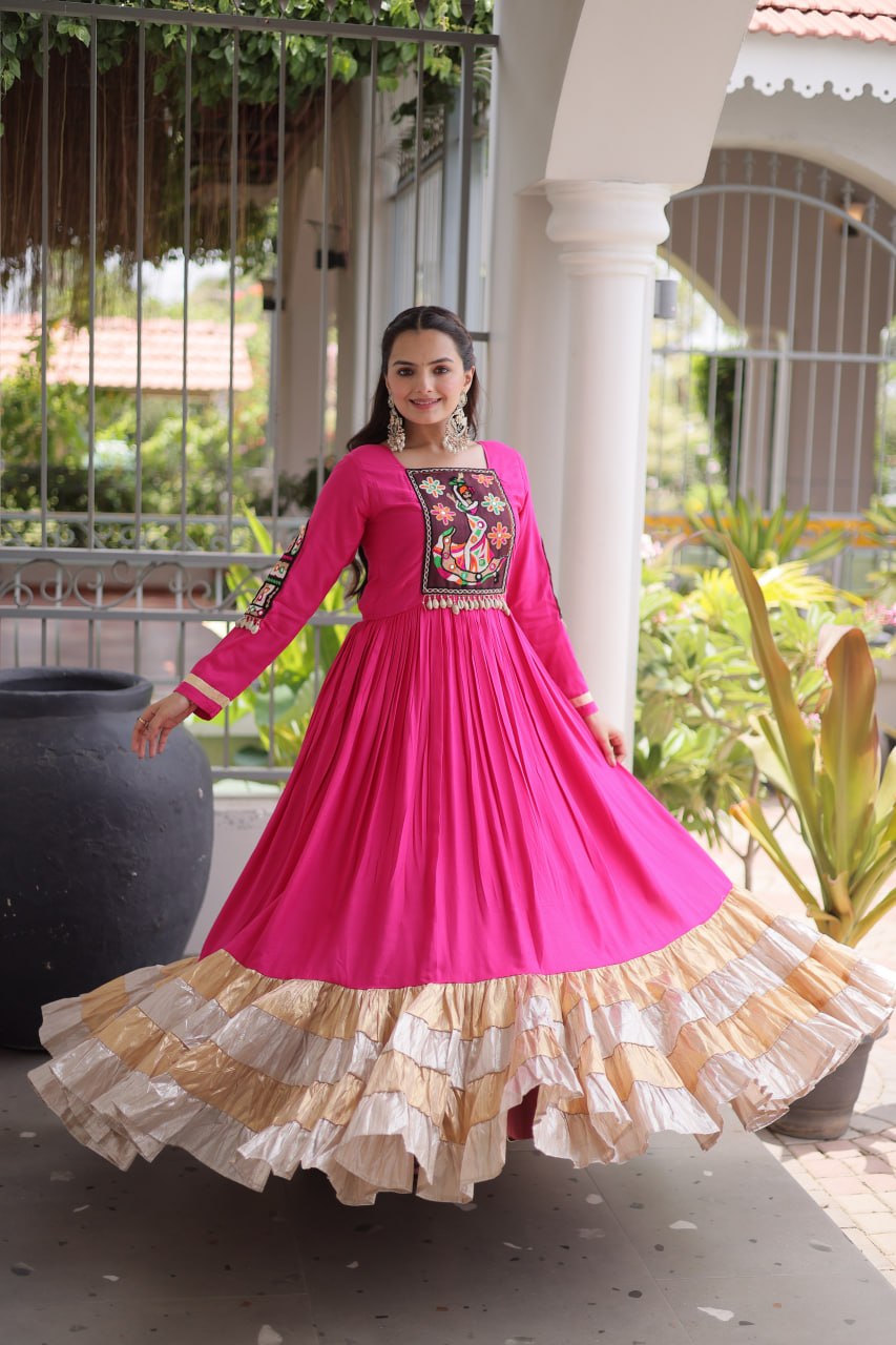 RangBhoomi Navratri Gown Collection 2026 — 14KG Rayon Kutchi Gamthi Thread Work, 12m Flair