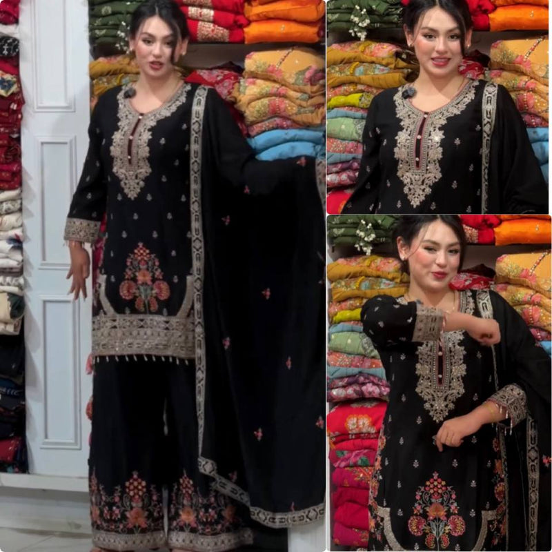 RangBhoomi Heavy Star Georgette Embroidered Party Top, Plazzo & Dupatta Set
