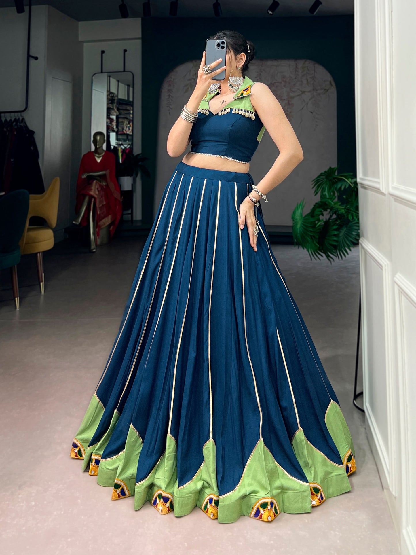 RangBhoomi Navratri 2026 Rayon Lehenga with Gamthi Work, Gota Patti & Mirror Lace