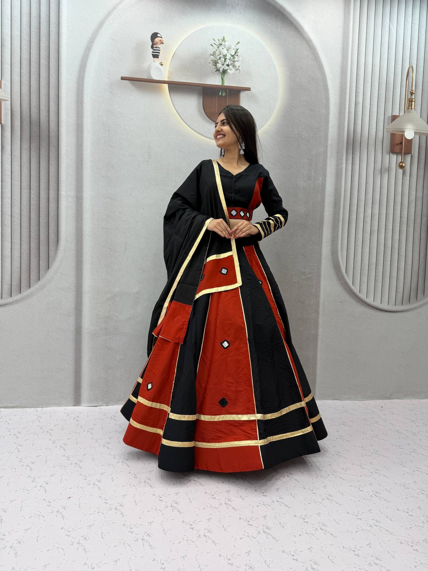 RangBhoomi Navratri Mirror-Work Roman Silk Lehenga Choli - 6+ Meter Flair