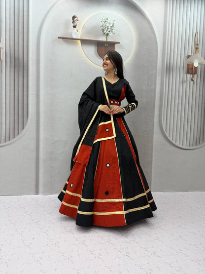 RangBhoomi Navratri Mirror-Work Roman Silk Lehenga Choli - 6+ Meter Flair