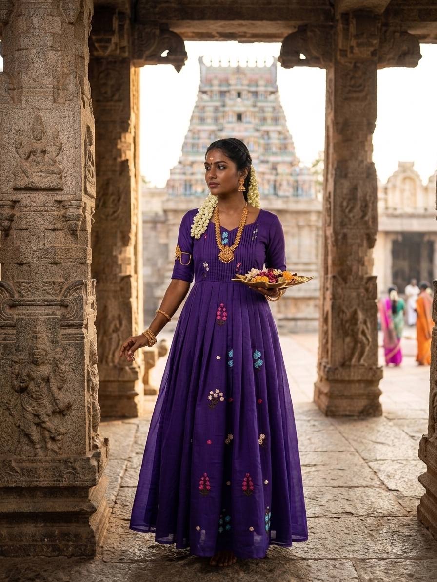 Embroidered Mull Cotton Festival Gown – Elegant Fully Stitched Celebration Wear