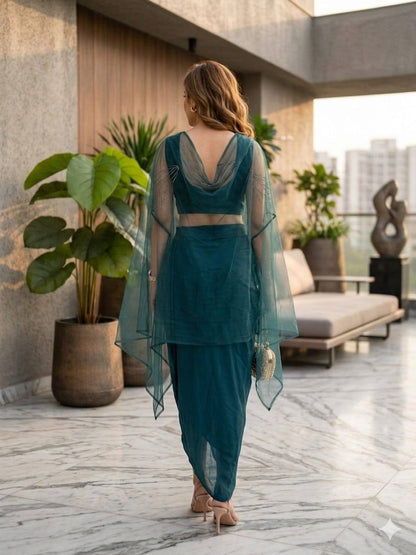 Designer Fusion Style Luxury Collection - Elegant Roman Silk Ensemble with Embroidery, Net Lace Dupatta, and Dripping Skirt