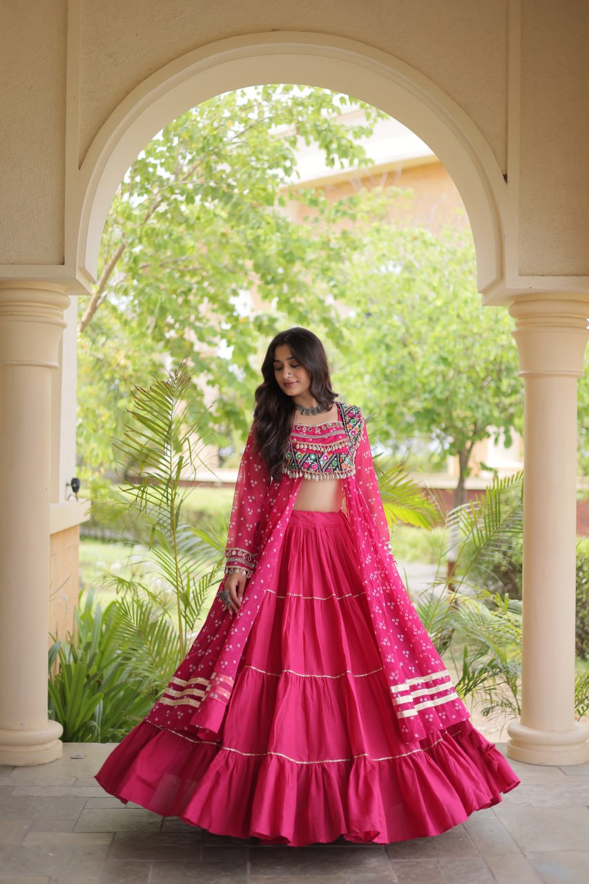 RangBhoomi Navratri 2026 Lehenga & Kurti Set – Kora Cotton Lehenga with Bandhni Faux Georgette Kurti (L, 40" Stitched)