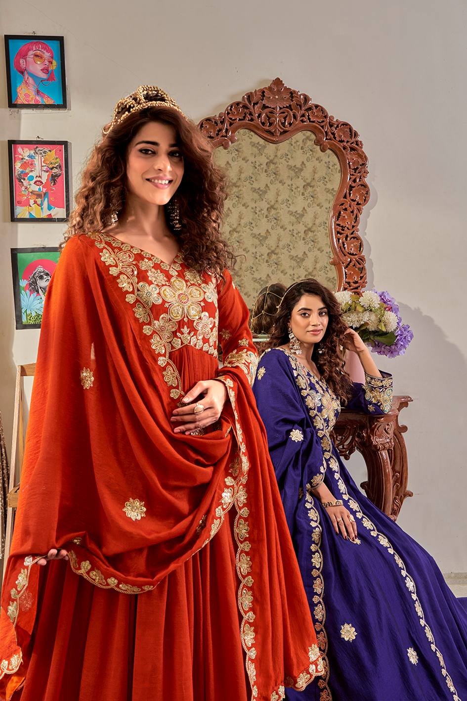 RangBhoomi Exclusive Festival Long Gown and Matching Dupatta Set with Heavy Embroidery