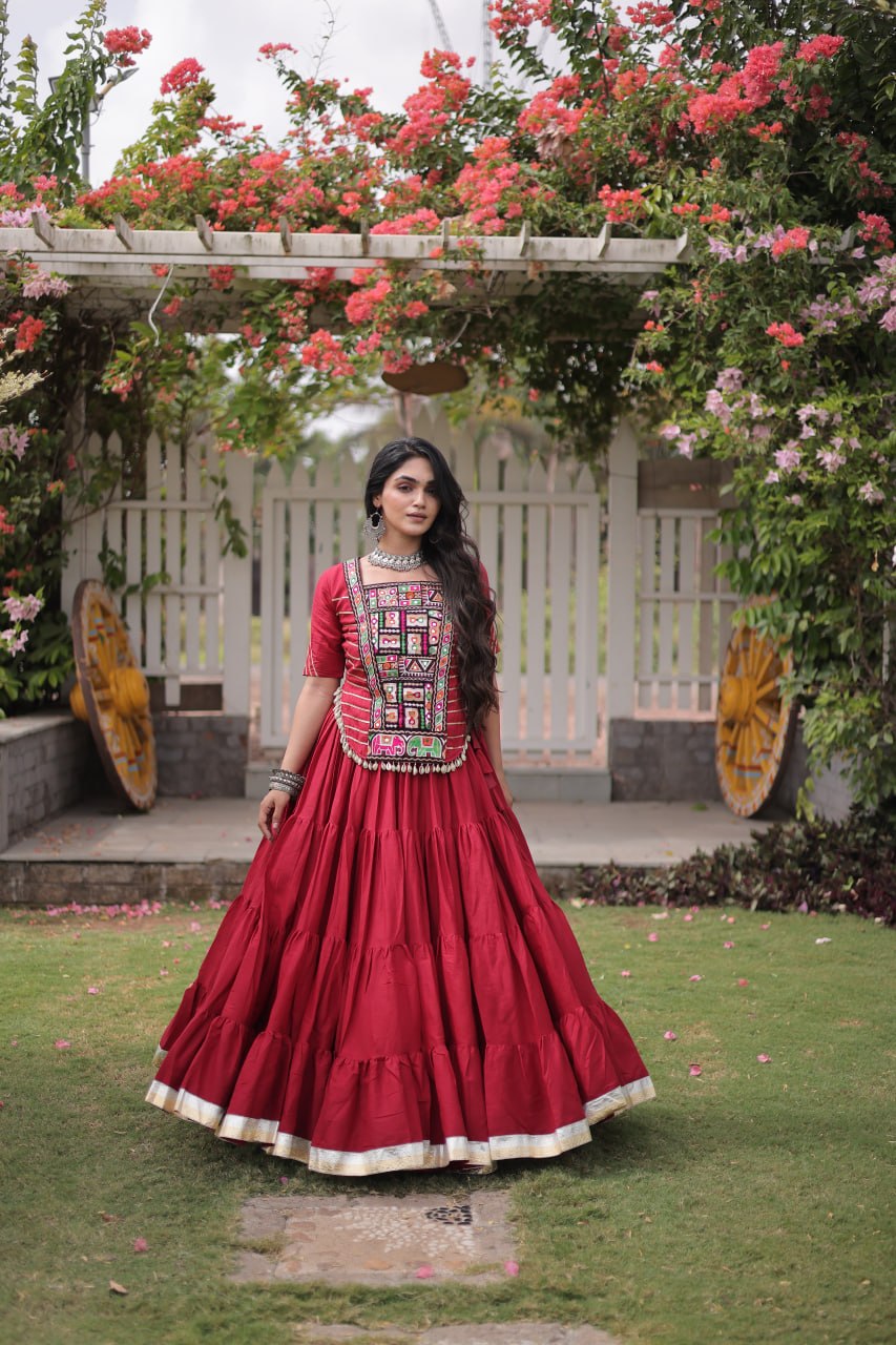 RangBhoomi Navratri 2026 Kora Cotton Full-Stitched Lehenga & Blouse Set — L (40", Adjustable 38–44)