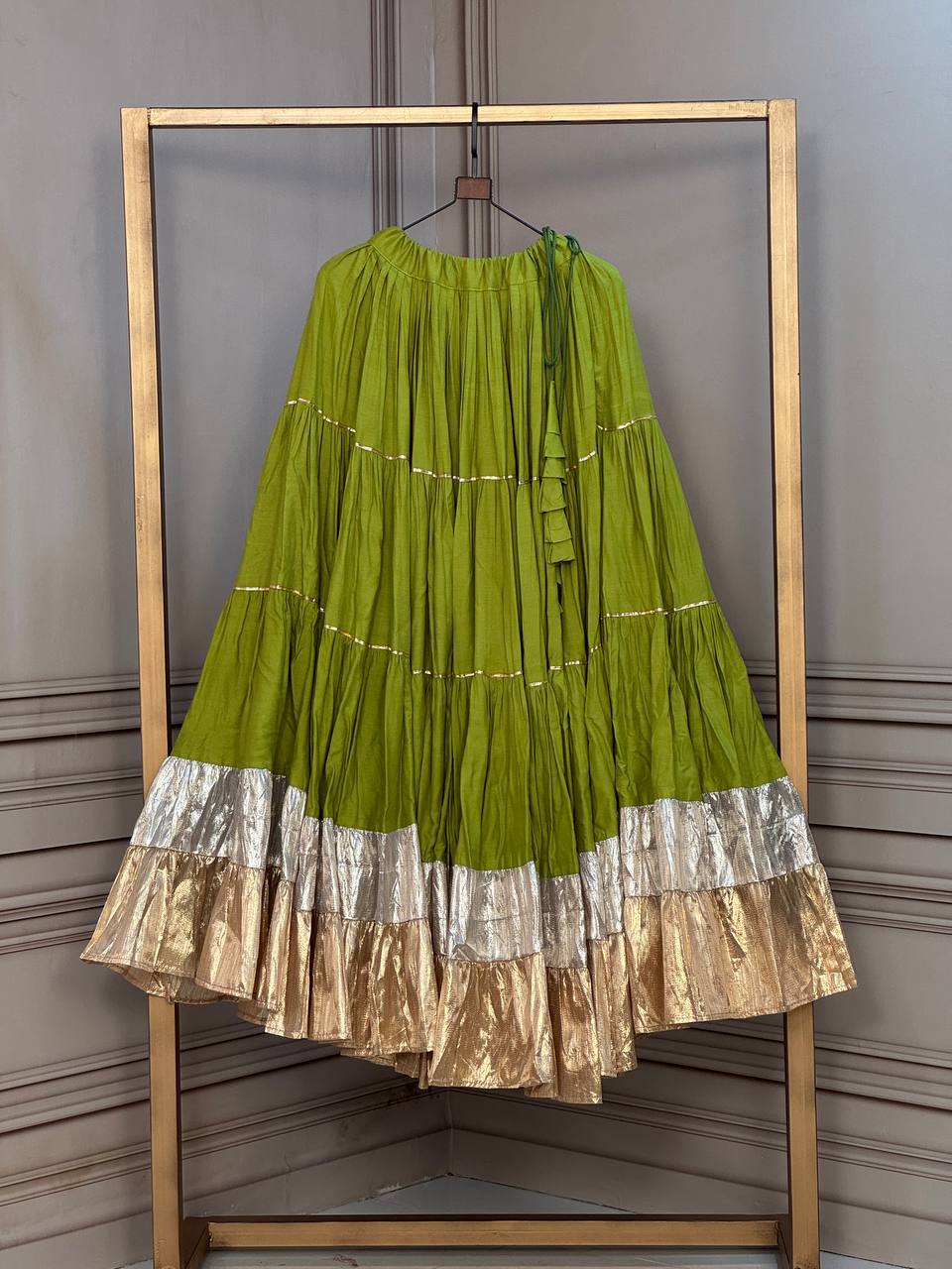 RangBhoomi Navratri 2026 Full-Stitched Rayon & Lampi Lace Lehenga — 12m Flair, Cotton Inner