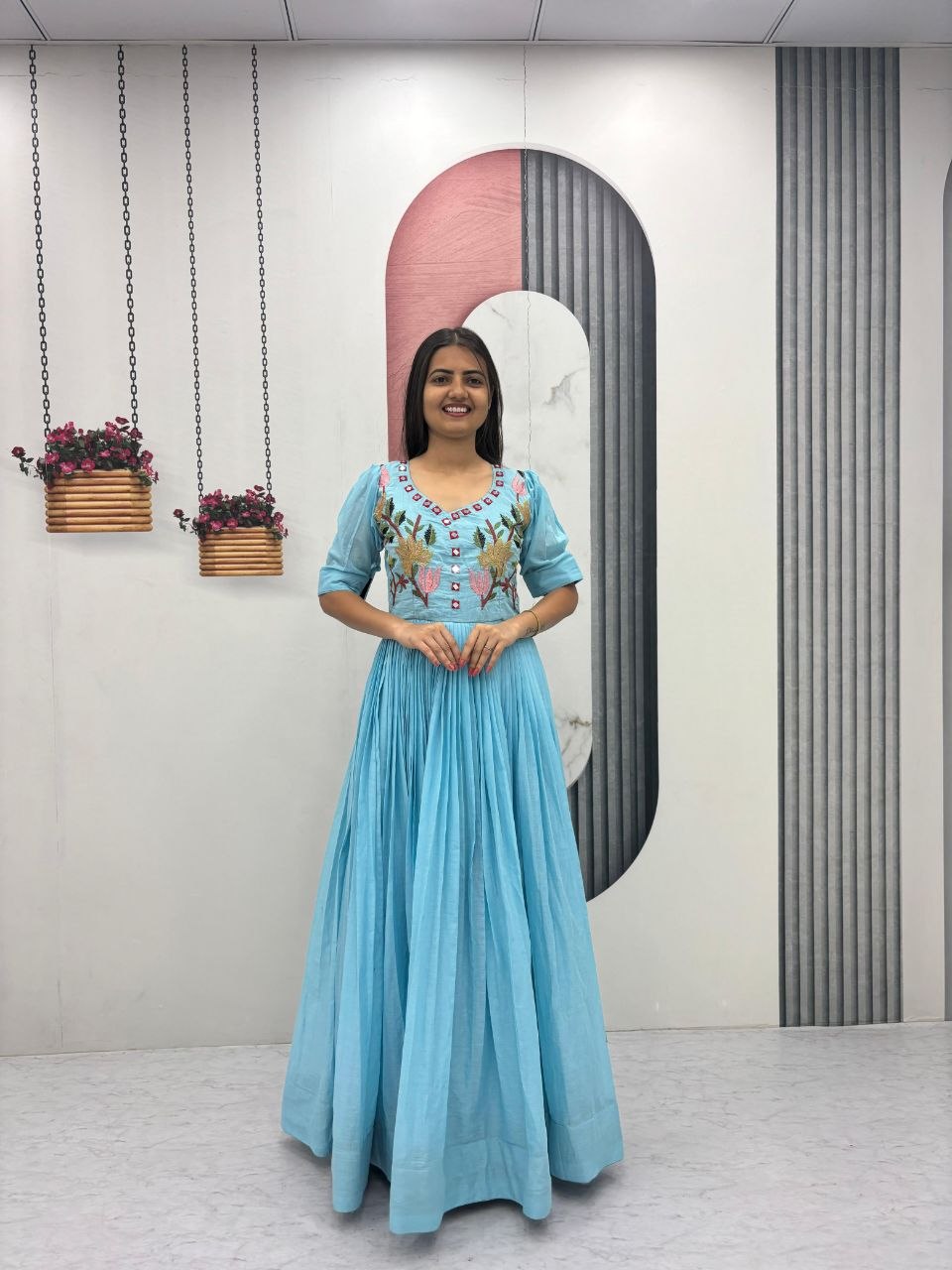 RangBhoomi Exclusive Trending Hand-Embroidered Mal Cotton Gown with Mirror Work, Fully Stitched, Sizes M to 2XL