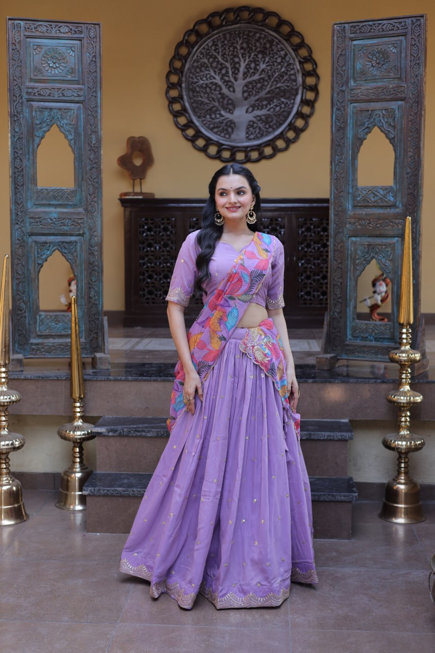 Elegant Lehengha Choli Set with Embroidered Cosmos Silk and Printed Tabby Silk Dupatta