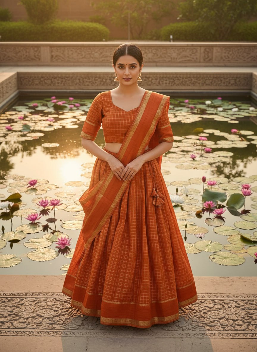 Elegant Pure Viscose Georgette Lehenga Choli Set with Zari Weaving and Hand-Dyed Chex Pattern