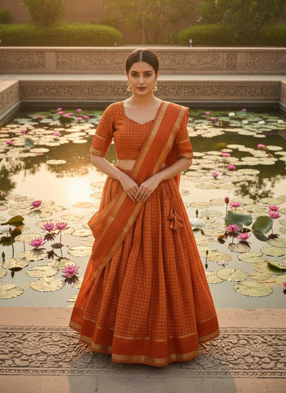 Elegant Pure Viscose Georgette Lehenga Choli Set with Zari Weaving and Hand-Dyed Chex Pattern