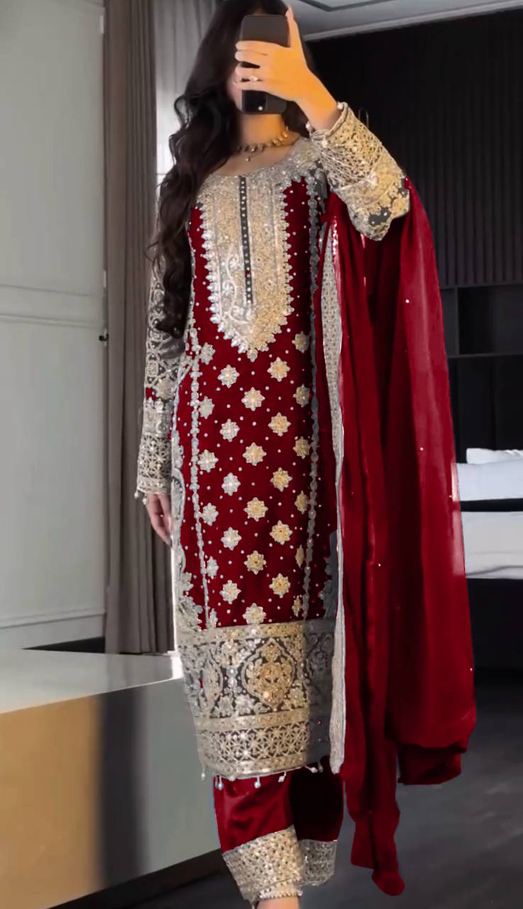 New Collection Faux Georgette Ensemble with Intricate Heavy Embroidery, Sequin Detailing, and Fully Stitched Ready-to-Wear Top, Bottom, and Dupatta Set