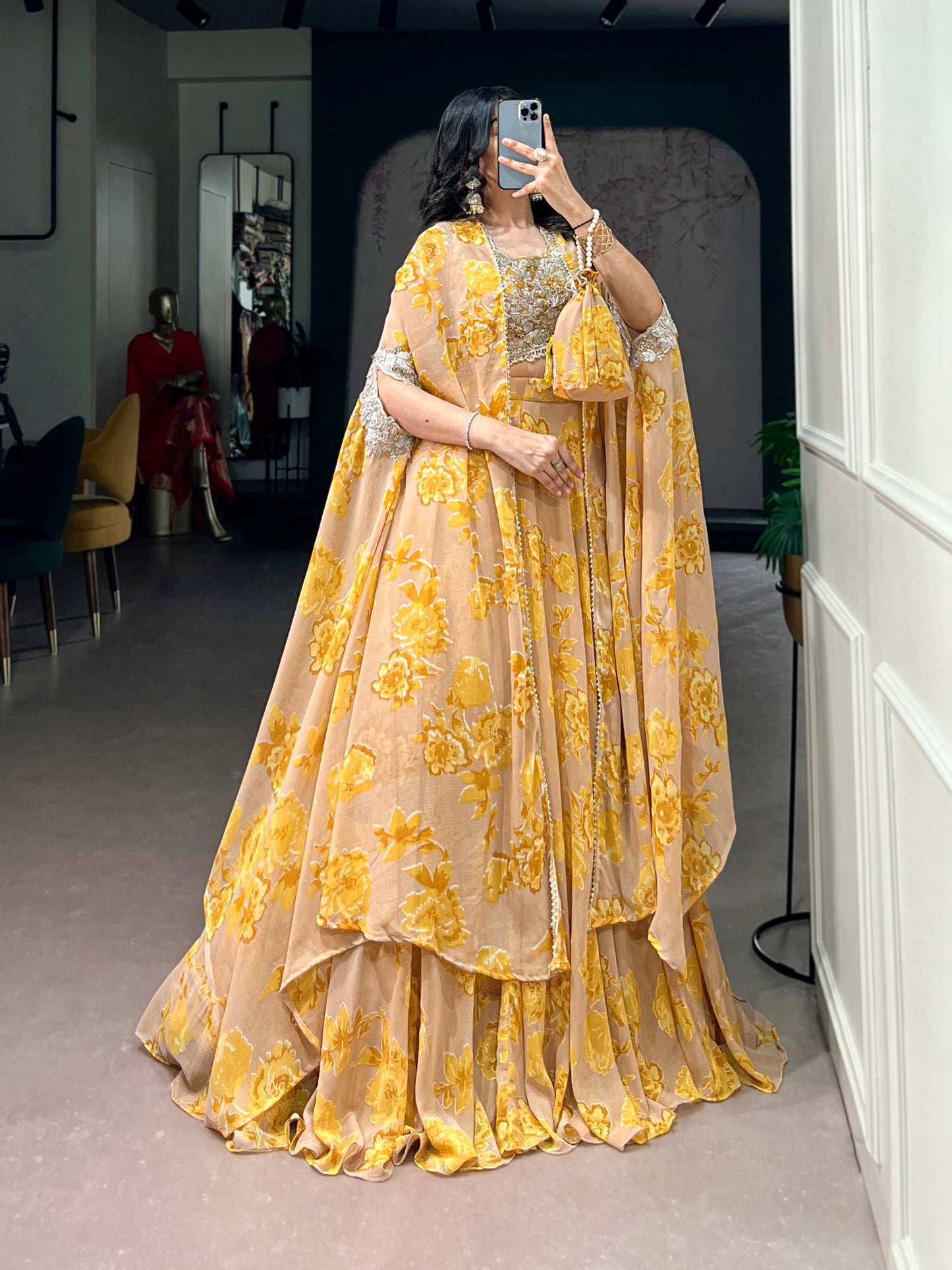 RangBhoomi Pastel Cape Style Lehenga - Ready-to-Wear Embroidered Set