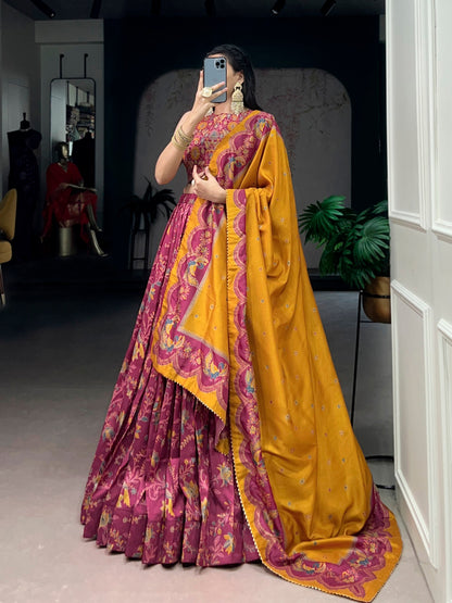 Luxurious Soft Tasar Silk Lehenga with Radiant Gilded Foil Motifs and Elegant Dupatta