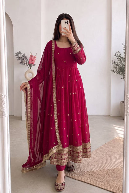 RangBhoomi Designer Party Wear Gown Set — Embroidered Heavy Fandy Silk with Dupatta & Pant